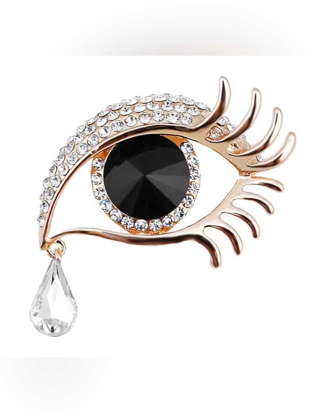 Gold Eye-Shaped Crystal Brooch with Black Center